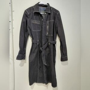 Vintage Polo Ralph Lauren Black Denim Shirt Dress Jacket Size 8 Belt